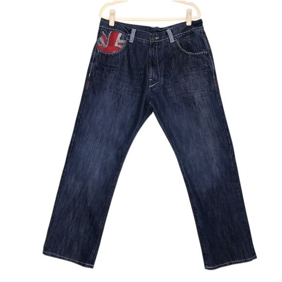 JORDAN CRAIG Flag Embroidery Straight Jeans Men 36x32 Blue Stylish Premium Rave - Picture 2 of 13
